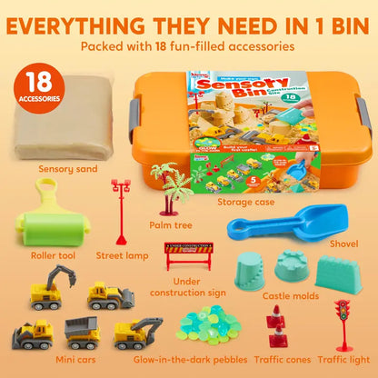 Construction Sensory Bin for Toddlers with Glow in The Dark Stones, Sandbox with Lid Castle Building Kit
