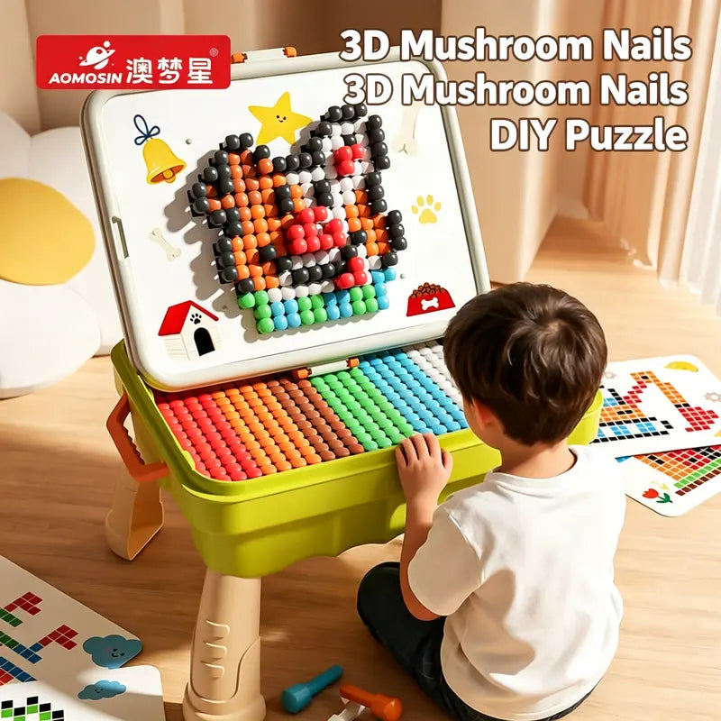 Kids Early Learning Peg Puzzles Toy - 3-Section Adjustable Table Leg DIY Pegboard Building Blocks Set