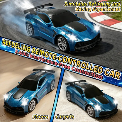 1:18 Remote Control Car with Spray and Dual Sounds, 2.4GHz LED Racing Toy for Boys and Girls