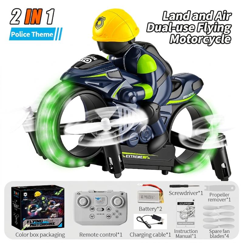 2-in-1 RC Flying Motorcycle Drone with 360° Stunts, LED Lights and Dual Mode
