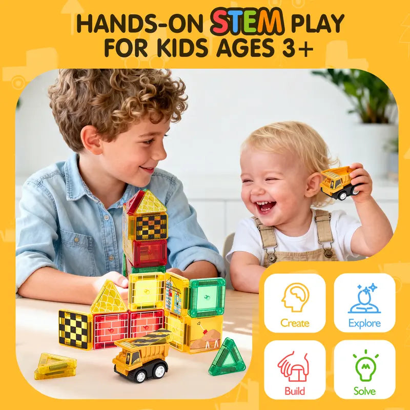 38 PCS Magnetic Tiles Road Toppers Set with Cars for Kids Ages 3-7, STEM Building Toys