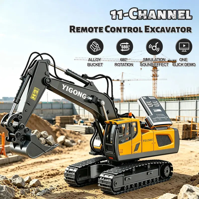 4-Pcs Remote Control Construction Vehicle Set - Metal Excavator, Loader, Dump Truck, Bulldozer