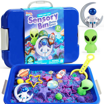 Construction Sensory Bin for Toddlers with Glow in The Dark Stones, Sandbox with Lid Castle Building Kit