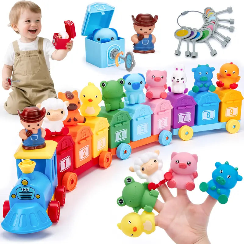 Montessori BPA-Free Farm Train Multi-Activity Playset with Animal Finger Puppets and Magnetic Blocks