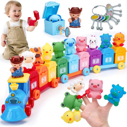 Montessori BPA-Free Farm Train Multi-Activity Playset with Animal Finger Puppets and Magnetic Blocks