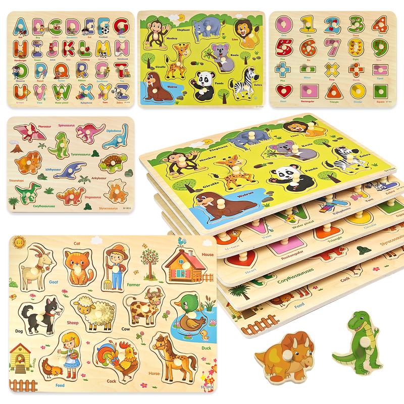 6-Piece Wooden Peg Puzzle Set - Educational Learning Toys for Toddlers Ages 1-4