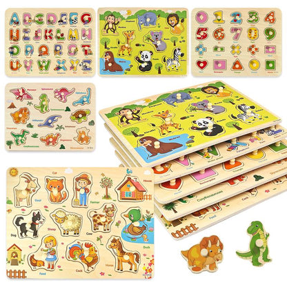 6-Piece Wooden Peg Puzzle Set - Educational Learning Toys for Toddlers Ages 1-4