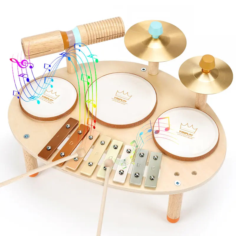 4-in-1 Wooden Drum Set with Xylophone - Montessori Musical Instruments for Toddlers