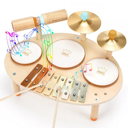 4-in-1 Wooden Drum Set with Xylophone - Montessori Musical Instruments for Toddlers