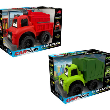 Set of 2 Interactive Toy Trucks with Projector Screen Faces - Fire, Trash, and Dump Truck Styles