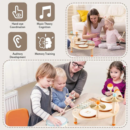 4-in-1 Wooden Drum Set with Xylophone - Montessori Musical Instruments for Toddlers