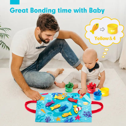 10-in-1 Toddler Fishing Set with Stacking Cups and Ocean Mat - 22 Pcs Montessori Toys
