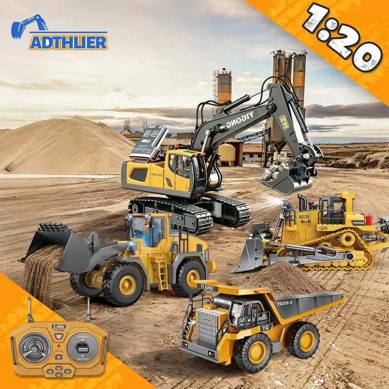 4-Pcs Remote Control Construction Vehicle Set - Metal Excavator, Loader, Dump Truck, Bulldozer
