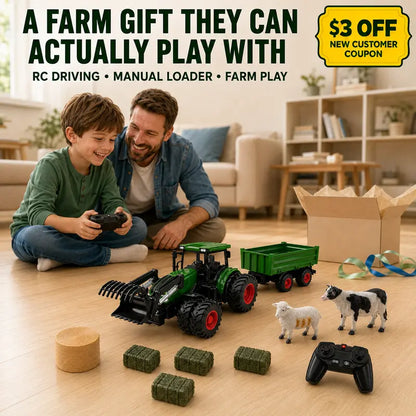 RC Farm Tractor Toy with Trailer, 2.4GHz Remote Control Vehicle Set with LED Lights