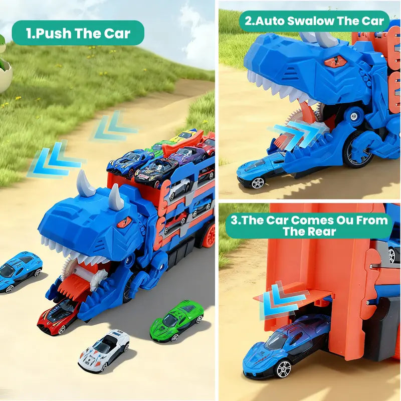 Dinosaur Transport Truck Toy for Toddlers with 12 Die-Cast Cars, 2-in-1 Transforming Dino Vehicle