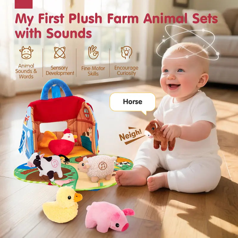 Surprise Barn Playset with Stuffed Farm Animals & Real Sounds - Montessori Sensory Toy for Toddlers