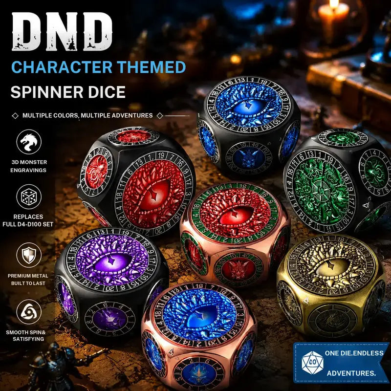 8-in-1 Heavyweight Metal Spinner Dice Set, 60mm Polyhedral Dice with 3D Monster Engravings