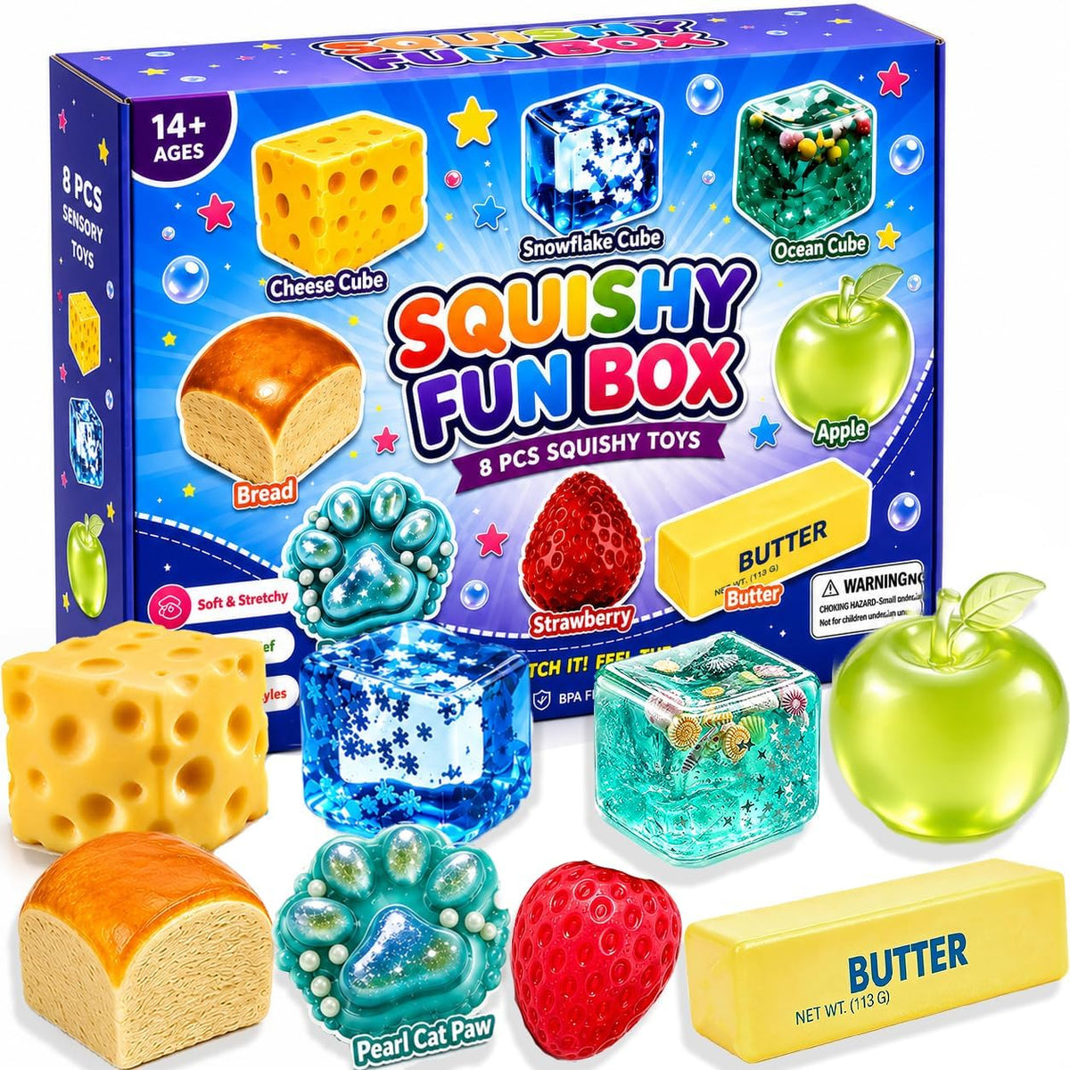 8PCS Squishy Box Mystery Fun Set, Malt Sugar Slow Rebound Stress Relief Toys for Adults