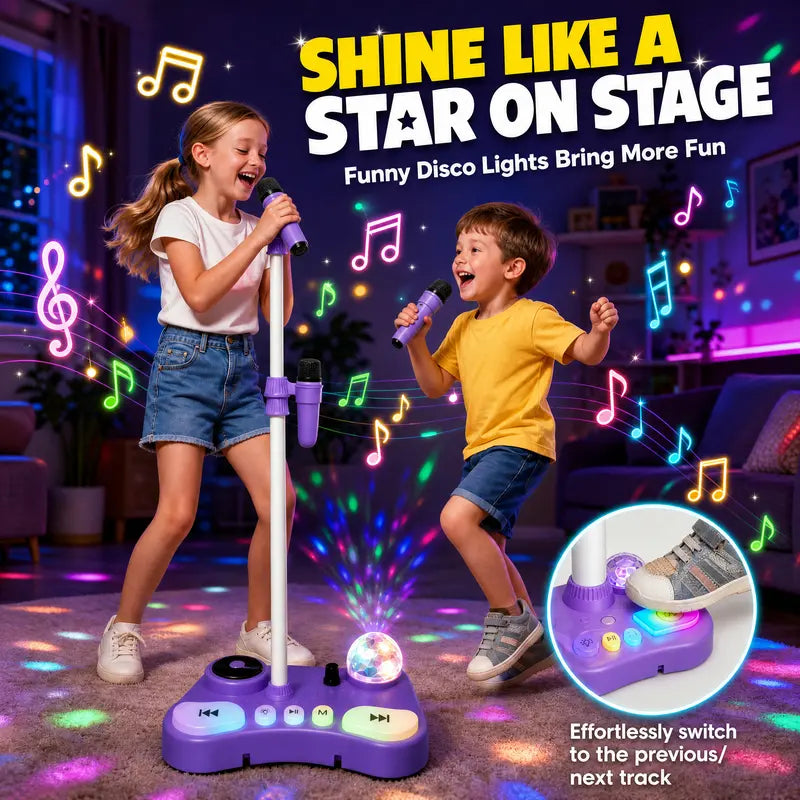 Kids Standing Karaoke Machine with 2 Microphones, Disco Lights, and Adjustable Stand