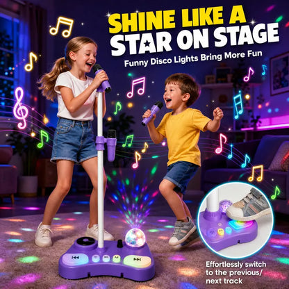 Kids Standing Karaoke Machine with 2 Microphones, Disco Lights, and Adjustable Stand