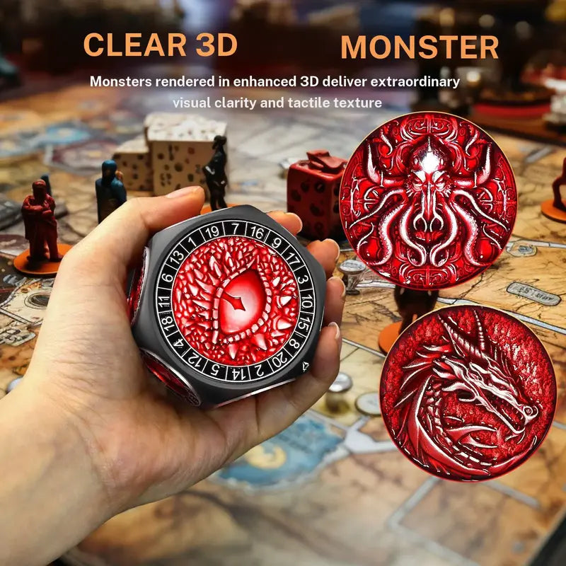 8-in-1 Heavyweight Metal Spinner Dice Set, 60mm Polyhedral Dice with 3D Monster Engravings