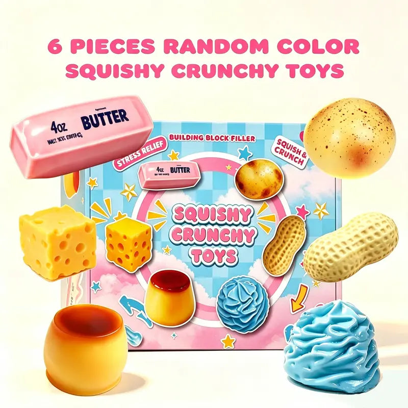 6-Piece Crunchy ASMR Sensory Fidget Balls, Interlocking Brick Filled Anti-Stress Squishy Toys