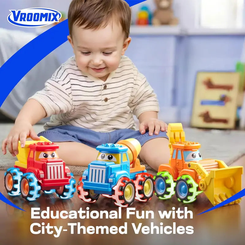 3 Pack Monster Truck Toys with Flashing LED Light Up Wheels, Construction Vehicle Set for Kids Ages 3-7