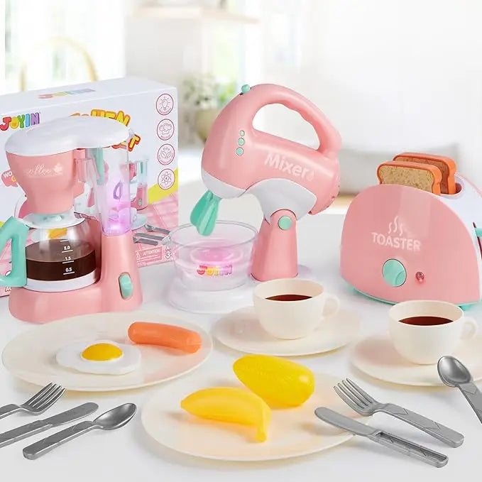 Pretend Kitchen Toy Set with Coffee Maker, Mixer, Toaster, Realistic Lights & Sounds