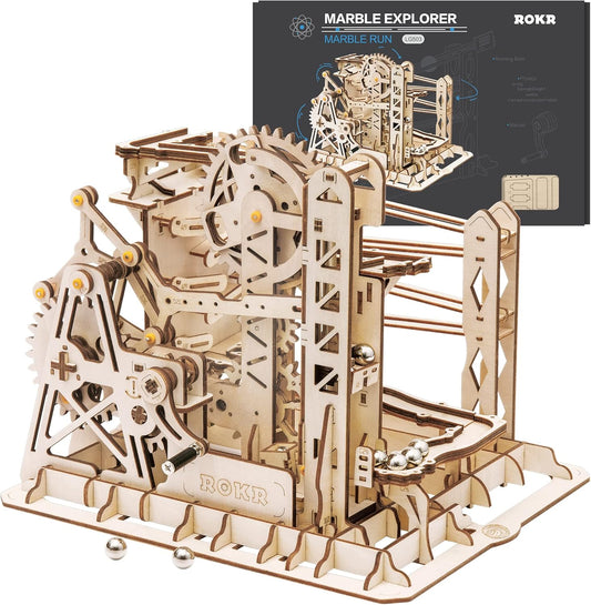 3D Wooden Puzzle Mechanical Gear Lift Coaster Model Kit - Marble Run Set for Adults & Kids Age 14+