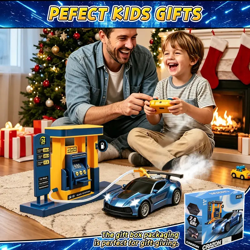 1:18 Remote Control Car with Spray and Dual Sounds, 2.4GHz LED Racing Toy for Boys and Girls