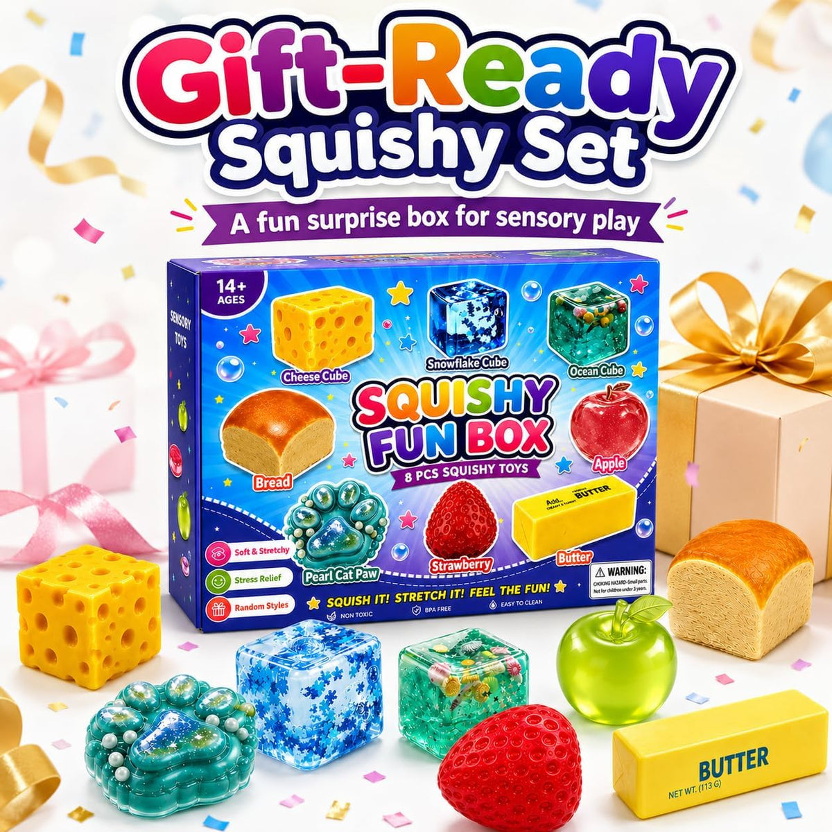 8PCS Squishy Box Mystery Fun Set, Malt Sugar Slow Rebound Stress Relief Toys for Adults