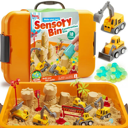 Construction Sensory Bin for Toddlers with Glow in The Dark Stones, Sandbox with Lid Castle Building Kit