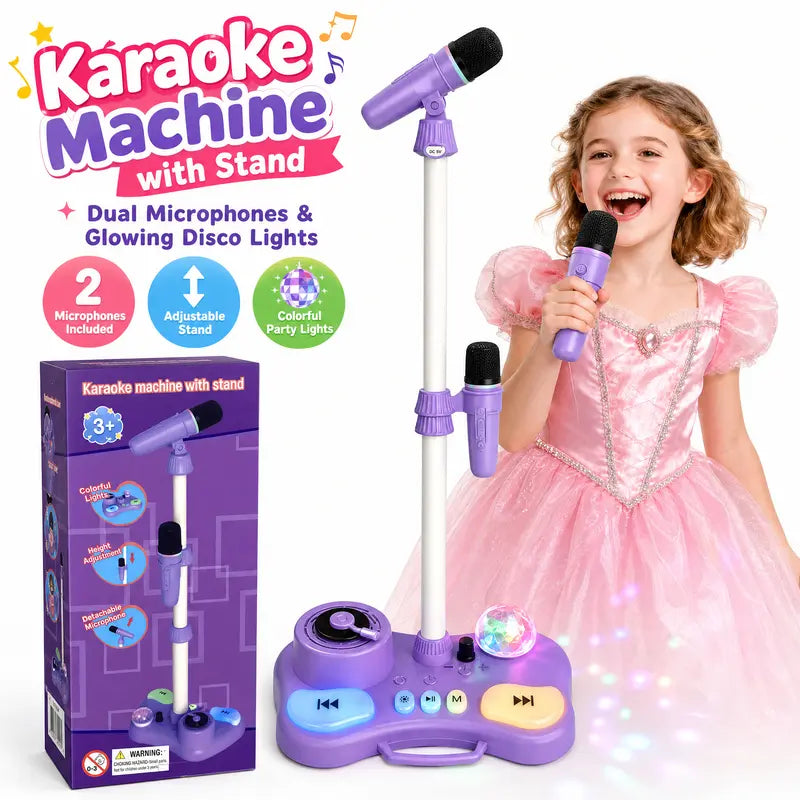 Kids Standing Karaoke Machine with 2 Microphones, Disco Lights, and Adjustable Stand
