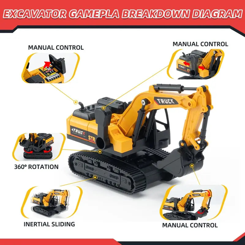 Unisex RC Semi Truck & Excavator Toy Kit, 6-Channel 2.4GHz Flatbed Trailer Set