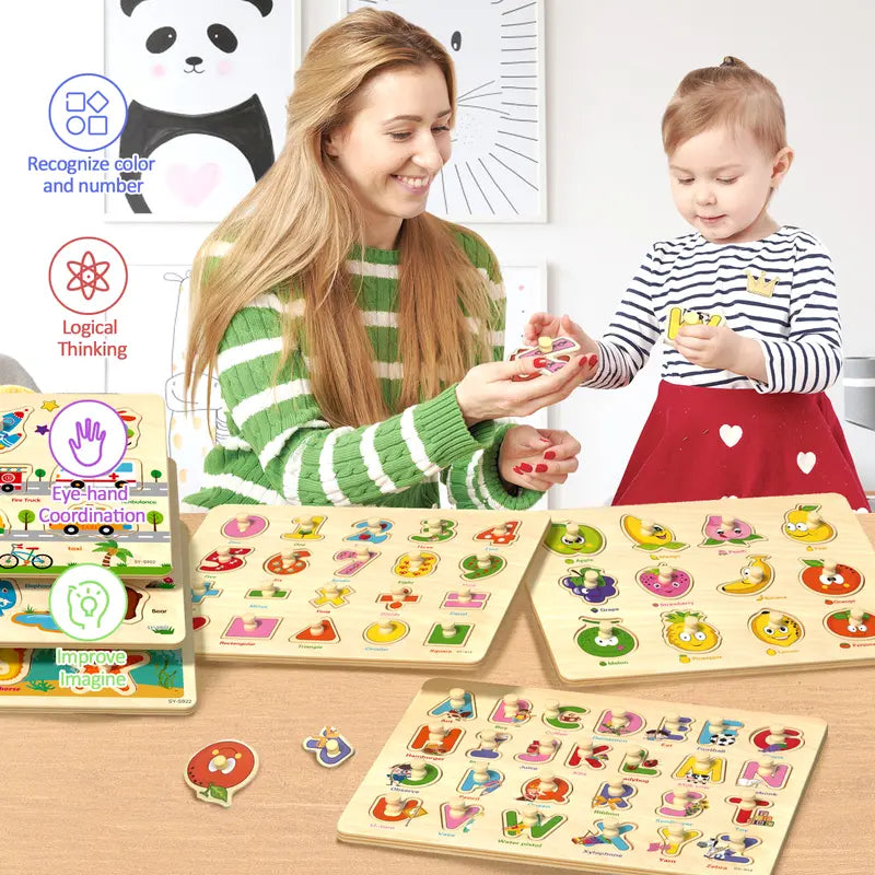 6-Piece Wooden Peg Puzzle Set - Educational Learning Toys for Toddlers Ages 1-4