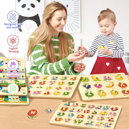 6-Piece Wooden Peg Puzzle Set - Educational Learning Toys for Toddlers Ages 1-4
