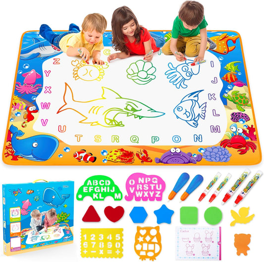 Water Doodle Mat - Large Kids Painting Writing Drawing Mat Toy with Magic Pens, Educational Gift for Ages 3-7