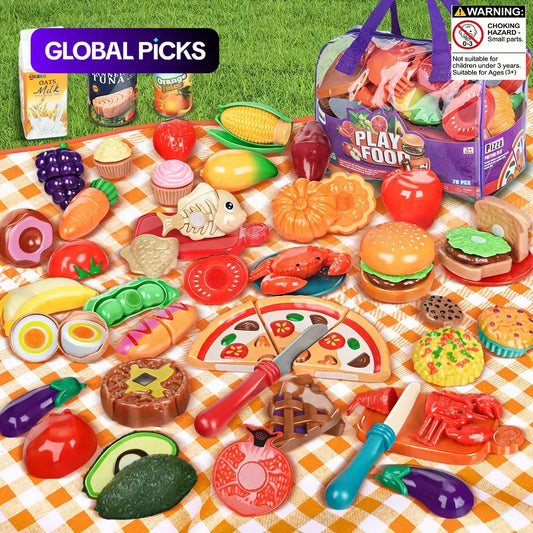78-Piece Pretend Play Kitchen Food Toy Set with Cuttable Fruits and Vegetables for Kids