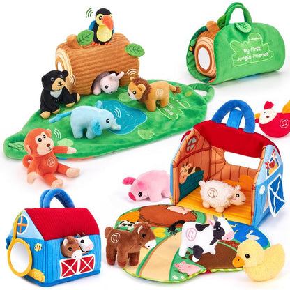 Surprise Barn Playset with Stuffed Farm Animals & Real Sounds - Montessori Sensory Toy for Toddlers