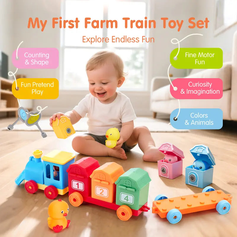 Montessori BPA-Free Farm Train Multi-Activity Playset with Animal Finger Puppets and Magnetic Blocks