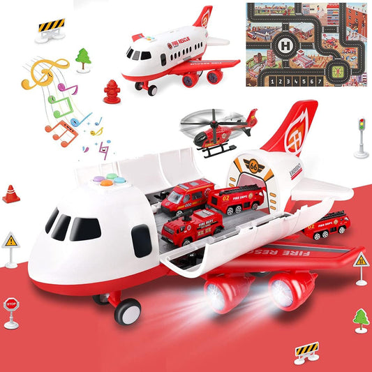 Airplane Toy Set with Fire Truck Cars and Play Mat, Lights and Sounds for Kids 3+