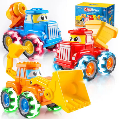3 Pack Monster Truck Toys with Flashing LED Light Up Wheels, Construction Vehicle Set for Kids Ages 3-7
