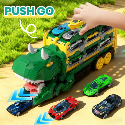 Dinosaur Transport Truck Toy for Toddlers with 12 Die-Cast Cars, 2-in-1 Transforming Dino Vehicle