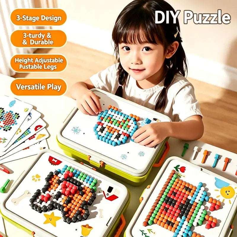 Kids Early Learning Peg Puzzles Toy - 3-Section Adjustable Table Leg DIY Pegboard Building Blocks Set