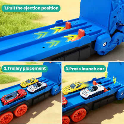 Dinosaur Transport Truck Toy for Toddlers with 12 Die-Cast Cars, 2-in-1 Transforming Dino Vehicle