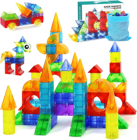 Huaker Magnetic Blocks,66 Piece Translucent Building Blocks for 3+ Boys Girls Birthday Gifts,Multi Shape Magnetic Cubes Preschool Classroom Educational Toys for 3-8 Year Old Kids STEM Activities
