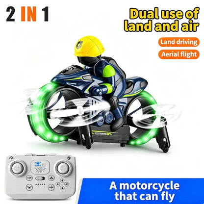 2-in-1 RC Flying Motorcycle Drone with 360° Stunts, LED Lights and Dual Mode