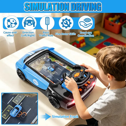 Kids Racing Steering Wheel Toy - Interactive Driving Simulator with Moving Road Track