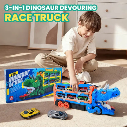 Dinosaur Transport Truck Toy for Toddlers with 12 Die-Cast Cars, 2-in-1 Transforming Dino Vehicle