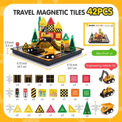 38 PCS Magnetic Tiles Road Toppers Set with Cars for Kids Ages 3-7, STEM Building Toys